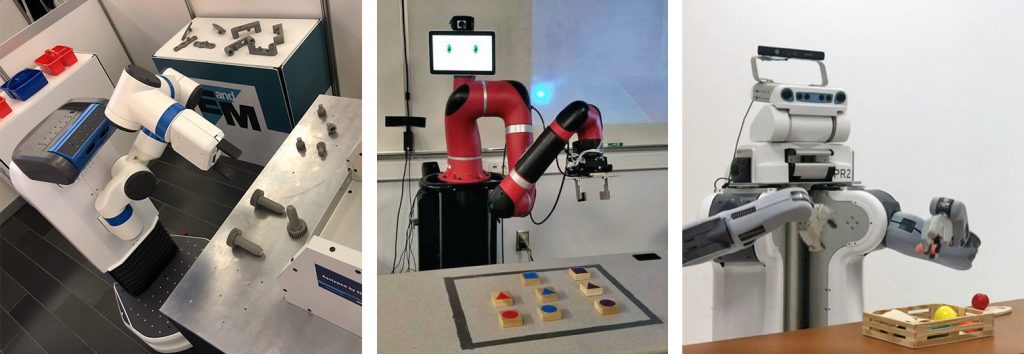 Fetch Mobile Manipulator, Rethink Robotics Sawyer, and Willow Garage PR2 robots.