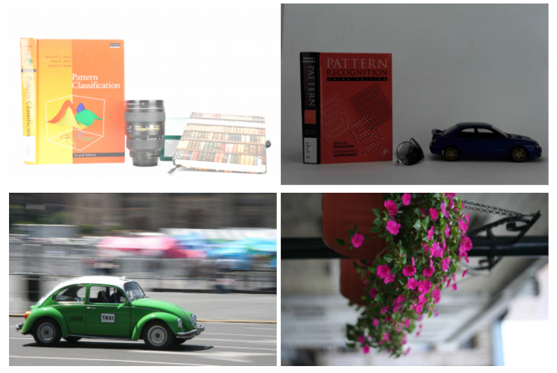 Top left: books and a camera lens. Top right: a book, sunglasses, and a toy car. Bottom left: a Volkswagon Beetle. Bottom right: A hanging plant.